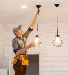 An electrician fitting a pendant light to a ceiling rose.