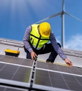 A technician measuring a rooftop solar panel array.